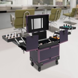 RibasuBB Rolling Makeup Train Case, Multi-functional Beauty Salon Trolley Cosmetic Organizer Box with Mirror and 6 Tray, Large Storage Aluminum Professional Cosmetic Case with Sliding Drawer (Purple)
