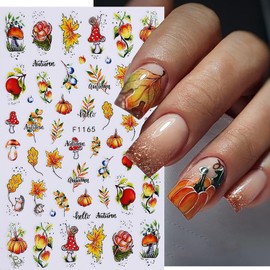5 Sheets Fall Maple Leaf Nail Art Stickers Deals Pumpkin Mushroom Nail Stickers 3D Self-Adhesive Autumn Thanksgiving Manicure Decals Supplies for Women