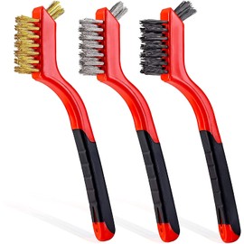 Wire Brush Set 3Pcs - Nylon/Brass/Stainless Steel Bristles with Curved Handle Grip for Rust, Dirt & Paint Scrubbing with Deep Cleaning – 7 Inches (Red)