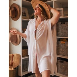 Ekouaer Womens Bathing Suit Coverups Beach Cover Up for Swimwear Button Down Beachwear Shirt,3X-Large White