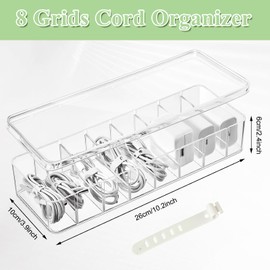 4 Pcs Cable Organizer Box with 40 Wire Ties, Clear Plastic Cord Storage Box, Stackable Charger Box Organizer with Lid for Home Office Desk Drawer Organizers and Accessories