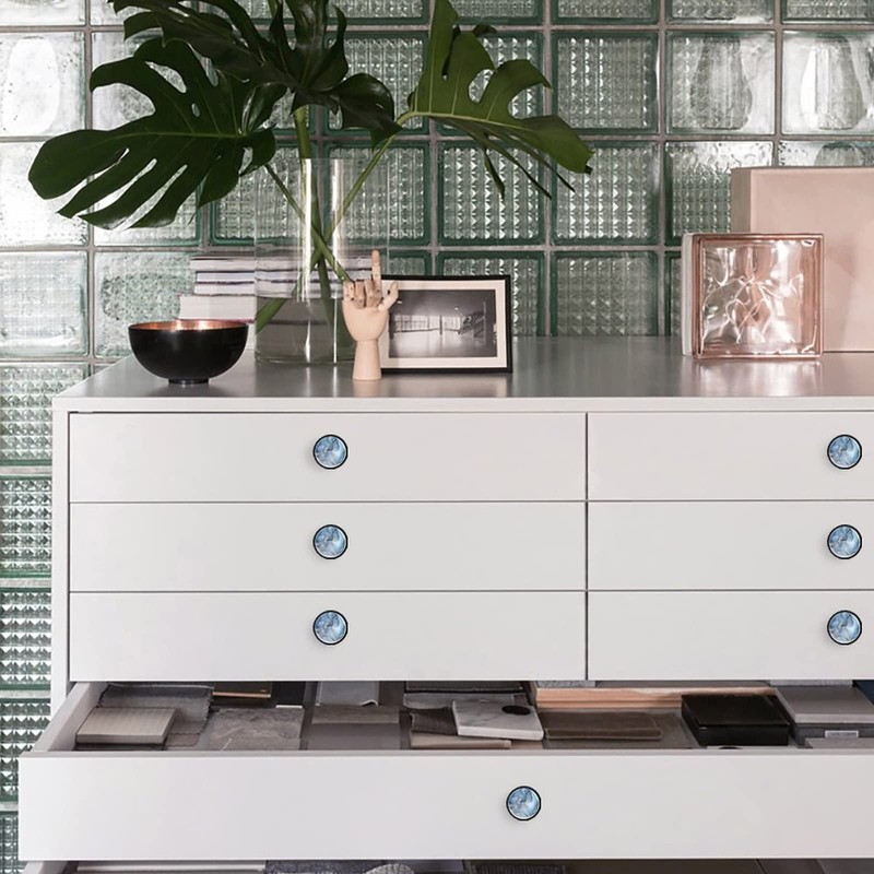 Elohiym 6 Pack Silver Drawer Knobs,Blue Cyan Marble with Golden