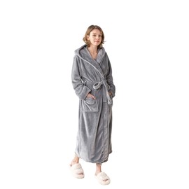 KORBLISS Women's Hooded Long Bathrobe, Silky Soft Lightweight Plush Fleece Robe Warm and Comfy to Wear, Full Ankle Length Elegant and Luxurious Lady Spa Robe with Sash and Pockets, Light Grey, L