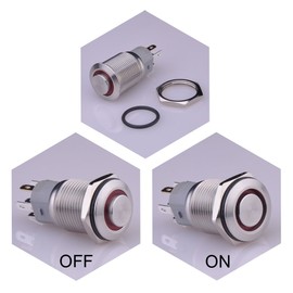 Ulincos U16F2 Alternate Push Button Switch Waterproof Switch Switch Switch IP67 1NO1NC SPDT ON/OFF Silver Stainless Steel 12V Red LED 16mm (Red) with Coupler