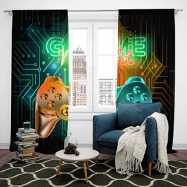 Feelyou Gamer Curtains for Bedroom Kids Gaming Video Game Curtains for Bedroom Noverlty Modern Gamepad Window Drapes Gamer Console Window Treatments Bright Orange Green Decor (2 Panels， 52 x 63 Inch)