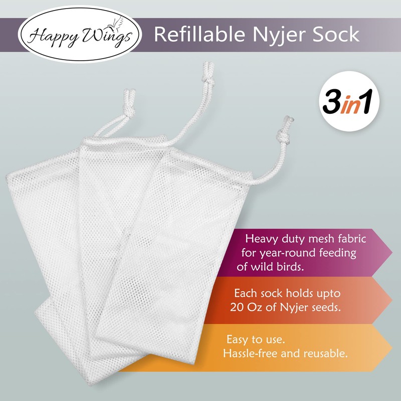 Happy Wings Refillable Nyjer Thistle Sock Feeder, 3 Socks- Easy-Fill,