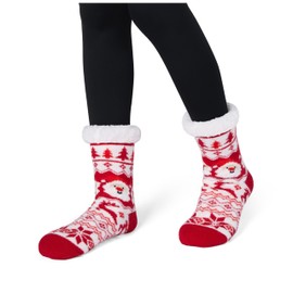 Giggling Getup Fuzzy Christmas Slipper Socks for Women, Red Santa Crew Socks for Home, Gifts for Women for Xmas