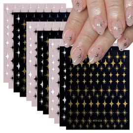 12 Sheet Star Nail Stickers 3D Self-Adhesive Star Nail Decals for Nail Art Star Nail Art Stickers Black White Silver Gold Nail Art Supplies Stickers for Women Nail Decorations Accessories