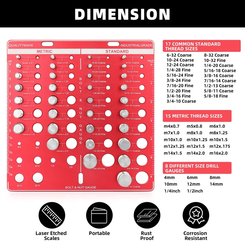 Thread Checker, Nut and Bolt Thread Checker, Bolt Size and