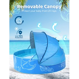 Hikiddy Foldable Kiddie Pool with Canopy: 47in Baby Pool and Beach Tent for Toddlers Infants 6-12 Months and Kids 2-4 Years Old - Portable Water Play with Shade for Outdoor Backyard Beach (Blue-Blue)