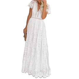Women V Neck Short Sleeve White Floral Lace Formal Maxi Dress Bridesmaid Wedding Guest Cocktail Photoshoot Long Dress