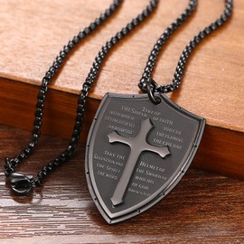 Men Shield Armor of God Ephesians 6:16-17 Faith Cross Necklace,Cupimatch Stainless Steel Pendant Necklace,Black