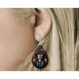 Twisted R Design Bull Skull Dream Catcher Western Wood Tear Drop Printed Earrings Jewelry