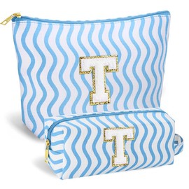 SEFORICO Initial Makeup Bag- Cosmetic Bag Cute Teen Girl Gifts Make Up Case Large Capacity Makeup Bag Travel Bag Gift for Women Valentines Day Bridesmaid Friend Birthday Gifts(Blue T)