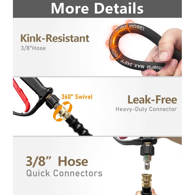 NAVOHEVEN 3/8" Pressure Washer Hose 50FT 4800 PSI, Kink Resistant