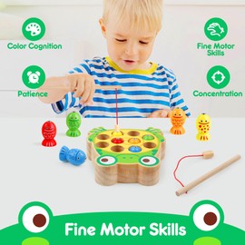 Magnetic Wooden Fishing Game Toys for Toddlers,Wooden Frog Magnets Fishing Toys Color Sorting Puzzle Montessori Preschool Educational Learning Fine Motor Skills Toys for 3 4 5 Years Old Boys Girls