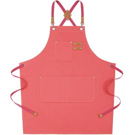 AFUN Chef Aprons for Women Men with Large Pockets, Cotton Canvas Cross Back Water Repellent Work Apron, Size M to XXL(Pink)