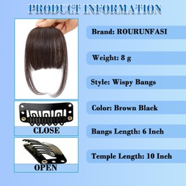 ROURUNFASI Clip on Wispy Bangs-Real Human Hair Clip in Bangs Hairpieces Brown Black Fake Air Bangs Fringe with Temples Bangs Hair Clip Extensions