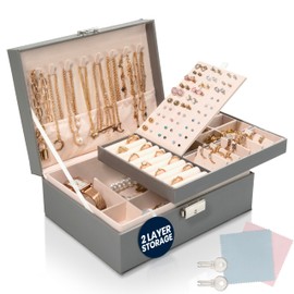 Sasha Morel 2-Layer Jewellery Box for Women with Lock, Keys & Cleaning Cloth - Velvet Lined Jewelry Box, Organiser for Accessories - Boxes & Organisers for Women, Girls - Grey