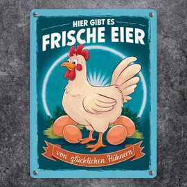 Fresh Eggs of Happy Chickens Metal Sign in 15 x 20 cm With Chicken with White Feather Dress and Red Comb on Robust Sign Ideal for the Farm Shop