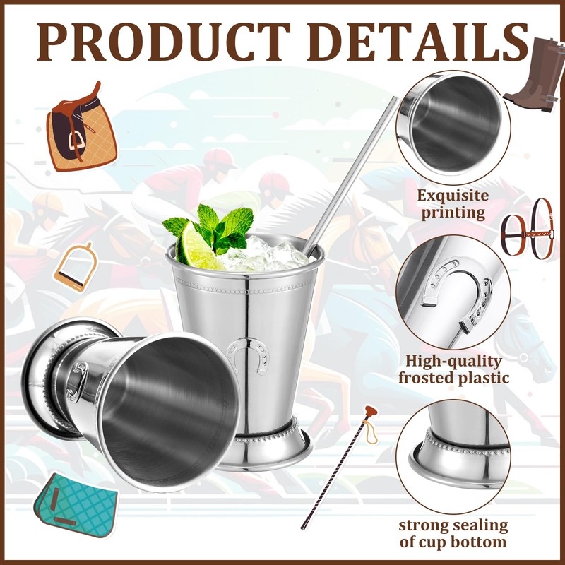 Gandeer 4 Pack Derby Mint Julep Cups with Straws 3D
