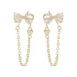 Sonateomber Gold Bow Chain Drop Dangle Earrings for Women Gifts - Cute Statement Cubic Zirconia Rhinestone Crystal Ribbon Stud Dangling Jewelry Valentines Gift