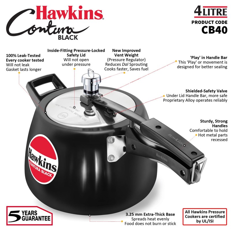 Hawkins 4 Litre Contura Black Pressure Cooker, Hard Anodised Inner