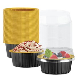 50 Pack Baking Cups with Lids, Aluminum Foil Cupcake Cups Muffin Liners, Disposable Foil Ramekins, Cupcake Holders Dessert Containers Mini Pudding Cups for Birthday, Christmas (Gold)