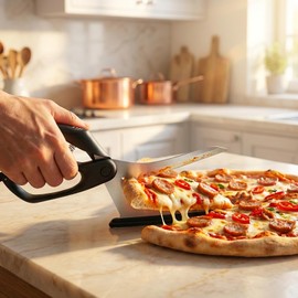 Frepxzlk Pizza Scissors, Pizza Cutter Scissors with Sharp Food-Grade Stainless Steel Blades, Featuring a Sturdy Base and Comfortable Handle, Black