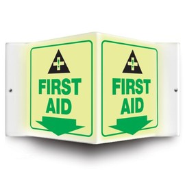 Accuform PSP865 Projection Sign 3D, "First AID (Arrow)" with Graphic, 6" x 5" Panel, 0.10" Thick High-Impact Lumi-Glow Plastic, Pre-Drilled Mounting Holes, Green/Black on Glow