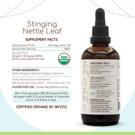 Stinging Nettle Leaf A120 Alcohol Herbal Extract USDA Organic Tincture, Concentrated Liquid Drops Natural Organic Stinging Nettle (Urtica Dioica) Dried Leaf (4 fl oz)