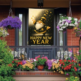 HOMETITUTE Happy New Year House Flag 28x40 Inch Double Sided Garden Flag Gold and Black Gnome Fireworks Star Celebration Design Winter Holiday Yard Banner Large Outdoor Flag for Porch Lawn Decoration
