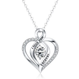 JACUPO 0.8CT Engraved Heart Moissanite Necklace for Women S925 18K White Gold Plated I Love You Forever Gift for Mom Wife Girlfriend Expressing Eternal Love 18 Inch