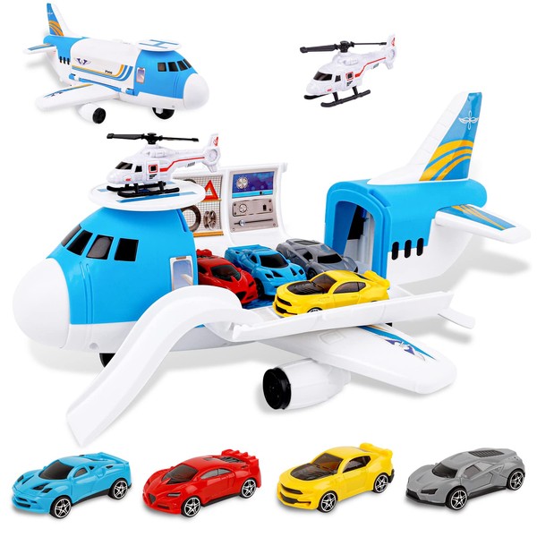 m zimoon Transport Airplane, Transport Cargo Plane Car Kids Toys Set with 4pcs Cars, 1pcs Helicopter Toy and 1pcs DIY Stickers Gift Toys for Boys Girls