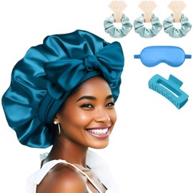 Bonnet for Sleeping Women Satin Double Layer Scrunchies For Thick Hair Sleep Mask Square Claw Clips Satin Silk Hair Bonnet for Sleeping （blue）