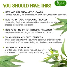 TOG999, Premium 100 Eucalyptus Leaf Tea Bags, 100% Natural & Pure Eucalyptus Leaves. Loose Leaf Eucalyptus Herbal Tea. Eucalyptus Leaf Tea. No Sugar, No Caffeine, No Gluten, Vegan.