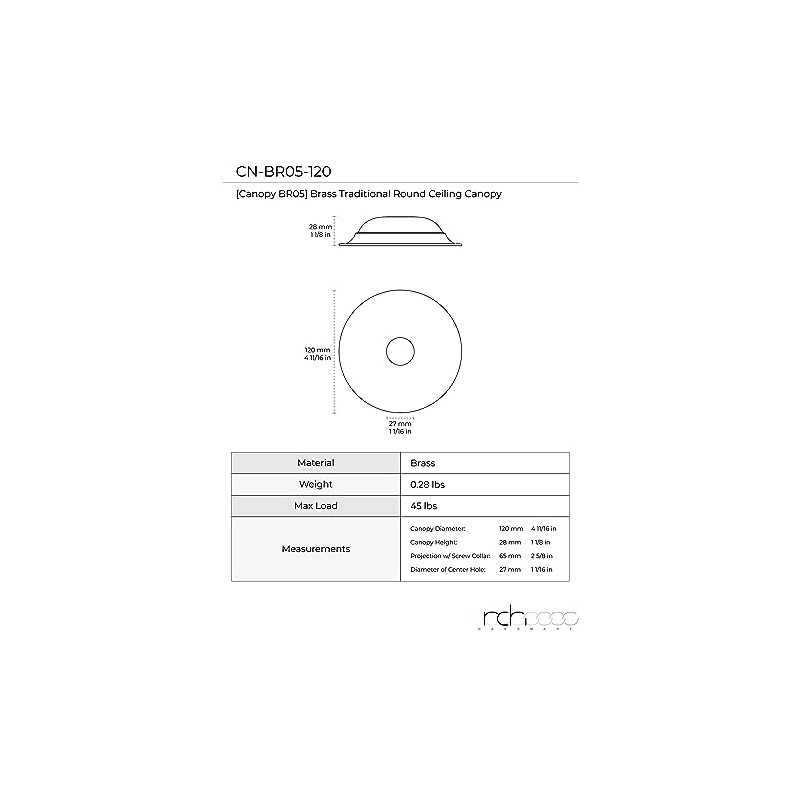 RCH Hardware CN-BR05-120 Brass Traditional Round Ceiling Canopy, 4.7 Inch,