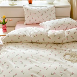 Covebett Bed Linen 135 x 200 cm Cotton Pink White Tulips Flowers Floral Reversible Bed Linen Set 2-Piece Romantic Girls Floral Duvet Cover and Pillowcase 80 x 80 cm with Zip