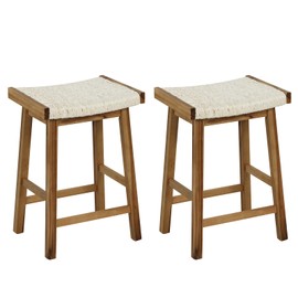 COSTWAY Dining Saddle Stools Set of 2, 25.5-inch Counter Height Chairs with Seaweed Woven Seat, Rubber Wood, Acacia Wood Frame, Footrests, Backless Bar Stools for Kitchen Island, Dining Room, Natural