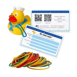60 Pack Cruising Ducks Tag & Rubber Bands | Double Sided with Facebook QR Codes + Multicolor Rubber Bands | Tags 2 x 3.5 inches Business Card Size | #CruisingDucks Oh What Luck!