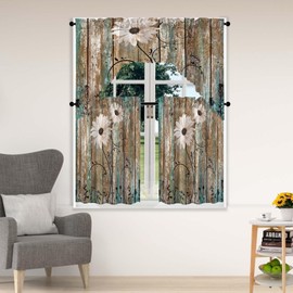 ULQUISNCE Floral Brown Tier and Swag Window Curtain Set, 3Pcs Kitchen Curtain Abstract Art Valance Set Farmhouse Wooden Texture Rod Pocket Curtains for Modern Windows with Unique Patterns