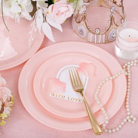 WELLIFE 60PCS Pink Plastic Plates Set-Heavy Duty Pink Plates for Party, Include 30Pcs 10.25inch Pink Dessert Plates, 30Pcs 7.5inch Pink Dinner Plates for Spring Party, Wedding, Mother’s Day