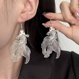 Allereya Boho Koi Fish Earrings Silver Koi Earrings Carp Fish Earrings Filigree Fish Earrings Koi Carp Earrings Jewellery For Women, Zinc, No Gemstone