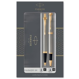 Parker IM Duo Gift Set with Ballpoint Pen & Rollerball Pen, Brushed Metal with Gold Trim, Black Ink Refill & Cartridge, Gift Box