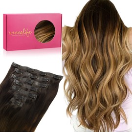 WENNALIFE Seamless Clip In Hair Extensions Human Hair, 12 Inch 80g 7pcs Dark Brown to Chestnut Brown and Dirty Blonde Highlighted Real Hair Extensions Clip in Human Hair Invisible PU Skin Weft Natural