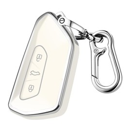 FT FUNTOR Car Key Case for VW, 3-Button TPU for Golf 8 Key Case, Compatible with VW Golf 8 ID.3 ID.4 Seat Leon Seat Tarraco Seat Ateca Formentor with Silver Edge (B-White)
