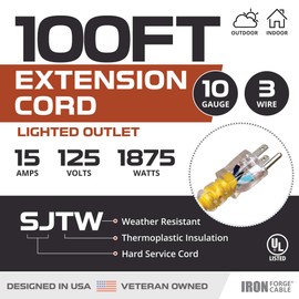 Iron Forge Cable 100 Foot Lighted Outdoor Extension Cord - 10/3 SJTW Yellow 10 Gauge Extension Cable with 3 Prong Grounded Plug for Safety, 15 AMP - Great for Garden and Major Appliances