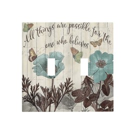 Teal Tulip Rustic Floral Wood Flower Double Toggle Light Switch Cover 2 Gang Wall Plate Decorative Switchplate Electrical Faceplate Standard Size for Kitchen Bathroom Home Decor