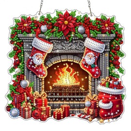 HEIBAGO Hanging Diamond Painting Kits for Adults, Christmas Fireplaces Diamond Art Ornaments Pendant with Chain, DIY Special Shaped Christmas Socks Crystal Diamond Painting Art Craft for Home Decor