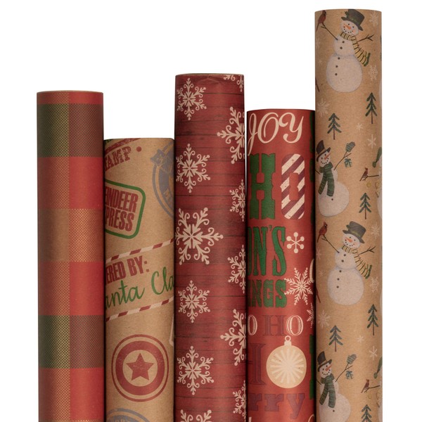 JAM PAPER Assorted Gift Wrap - Christmas Kraft Wrapping Paper - 125 Sq Ft Total - Kraft Christmas Set - 5 Rolls/Pack
